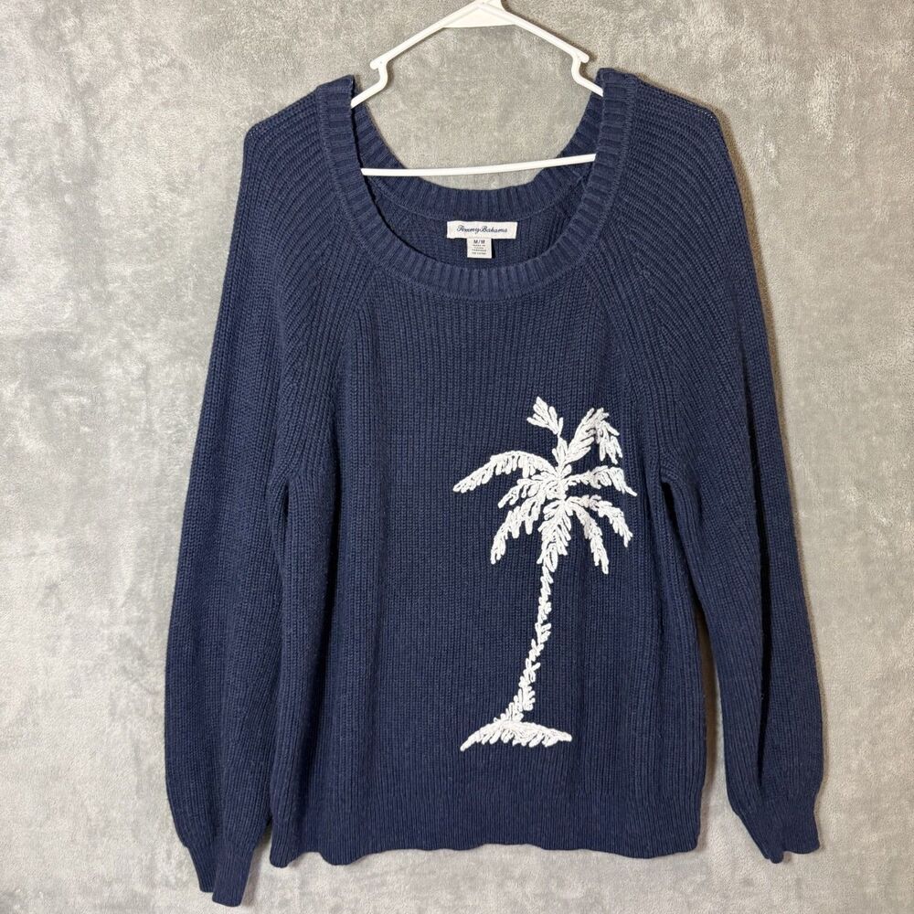 Tommy Bahama Sweater Women M Navy White Palm Tree Embroidered Long Sleeve
